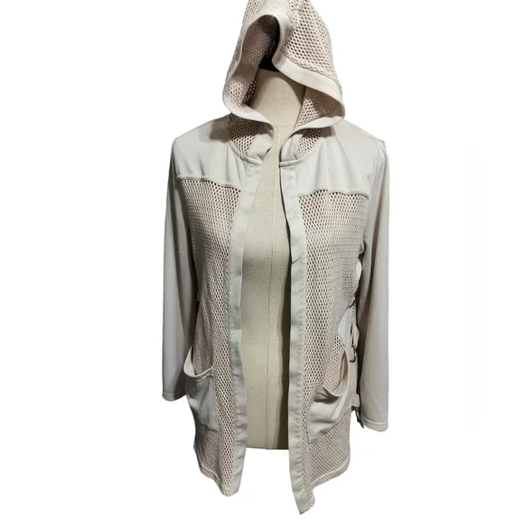 (1560) Coco Y Club Beige Mesh Pockets Open Front Hooded Jacket Size Medium - Picture 2 of 10